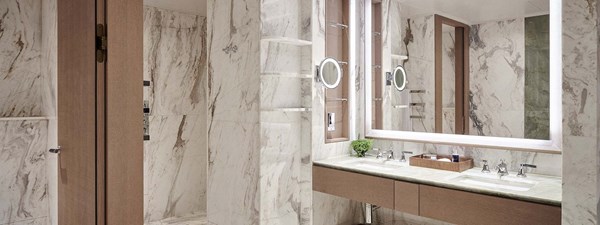 Crescent Pavilion Penthouse at The Berkeley - bathroom view with marble shower and bathroom sinks.