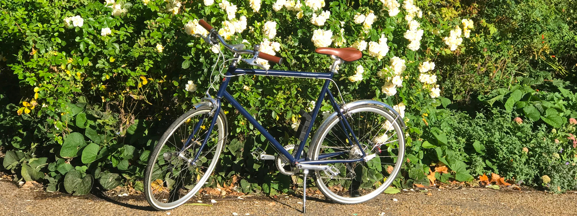 A Berkeley bike in front of a bush